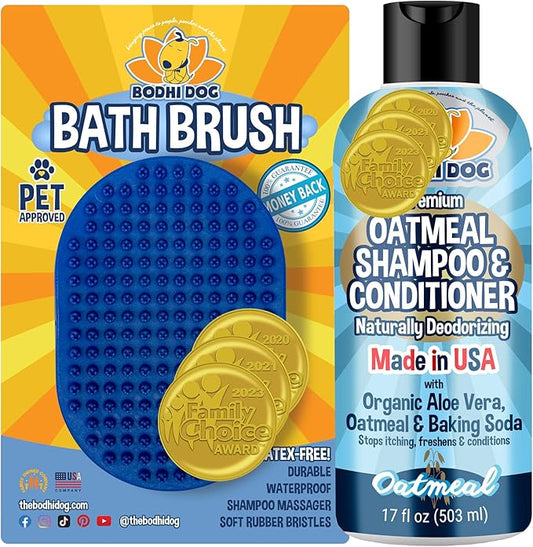 Bodhi Dog Grooming Bundle - Oatmeal Shampoo & Conditioner with Bath Brush - Pet Shower Supplies for Cats & Dogs - Gentle Care for Long, Short & Curly Hair, Safe and Effective, Made in USA