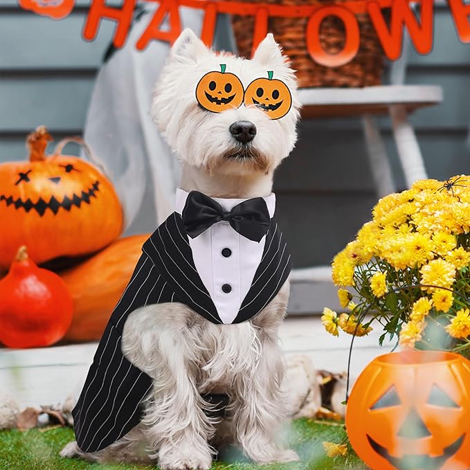PUMYPOREITY Medium Dog Bowtie Tuxedo Suit, Cat Tuxedo, Dog Wedding Outfit, 2 Pieces/Pack, M, Stripe