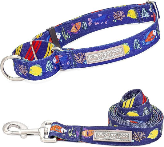 Lucky Love Dog Tropical Fish Pattern Martingale Collar and Leash Set, Summer Themed No Slip Collars for Small Dogs, Great for Whippets, Greyhounds, and More (Mackey, Small - Combo)