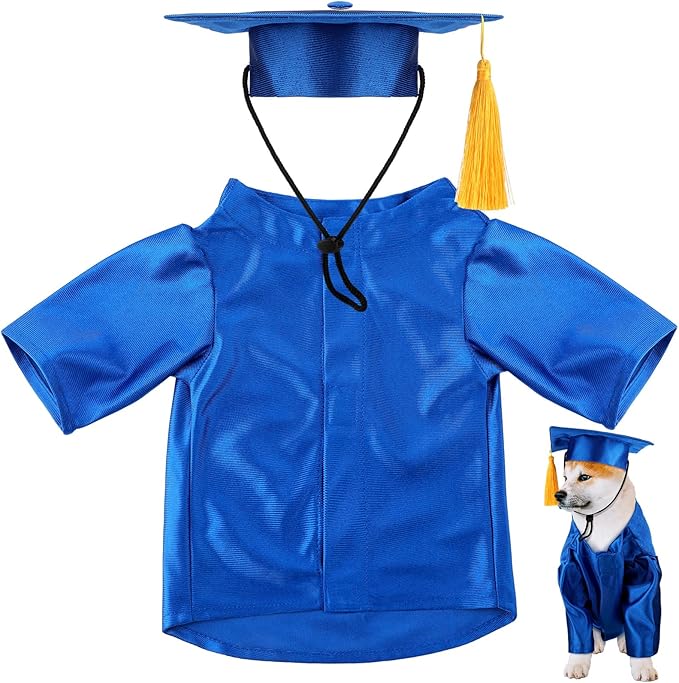 Dog Graduation Cap and Gown 2025 Washable Pet Graduation Costume for Dog Cat Shirt and hat(Royal Blue)
