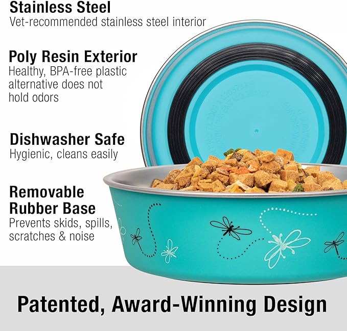 Loving Pets Bella Dog Bowls- Stainless Steel Dog & Cat Bowls - Spill Proof Dog Food Bowl, Cat Bowl, Puppy Essentials & Pet Supplies Great for Home & Travel (Large 35-65 lbs, Dragonfly)