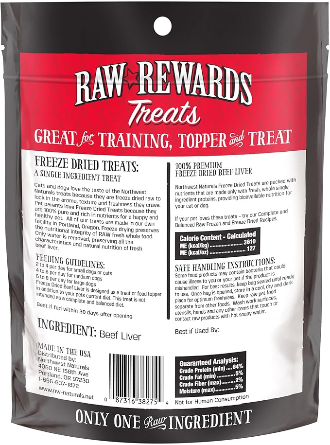 Northwest Naturals Raw Rewards Freeze-Dried Beef Liver Treats for Dogs and Cats - Bite-Sized Pieces - Healthy, 1 Ingredient, Human Grade Pet Food, All Natural - 3 Oz