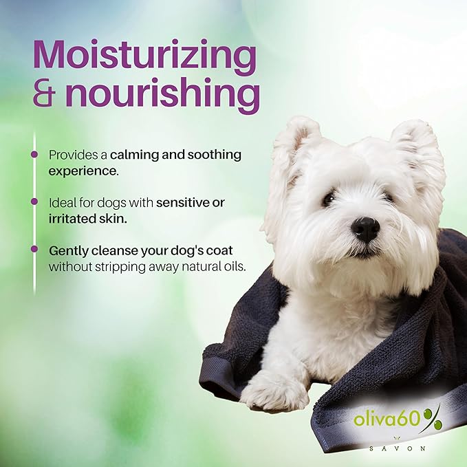 Natural Dog Shampoo Bar with Colloidal Oatmeal, Lavender, and Vanilla | Eco-Friendly, Long-Lasting Dog Bath | Sensitive Skin | Sulfate-Free, Nourishing Oils for Shiny Coat | Dog Essentials | Oliva 60