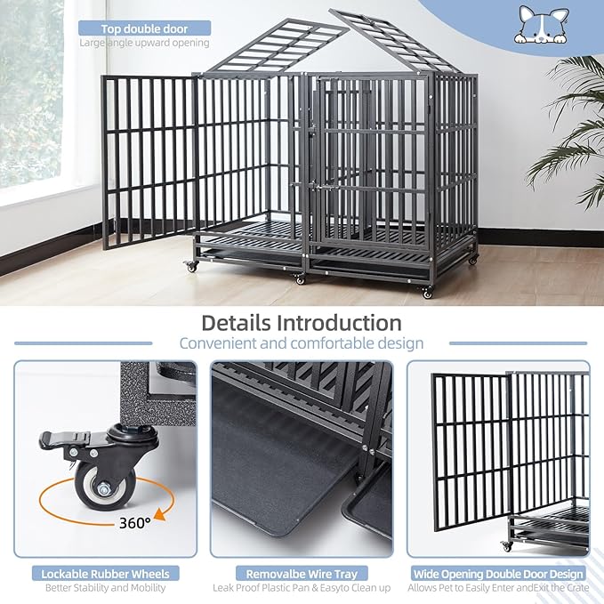 54 inch Heavy Duty Indestructible and Escape-Proof Dog Crate Cage Kennel for Large Dogs, High Anxiety Dog Crate with Removable Wire Trays and Wheels, Extra Large XL XXL