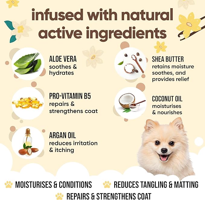 Vanilla & Shea Butter Dog Conditioner (16.90oz) Aloe Vera, Argan Oil & Pro Vitamin B5 to Detangle Matted Coats & Relieve Sensitive & Itchy Skin, Suitable for Puppies from 8 Weeks, Vegan