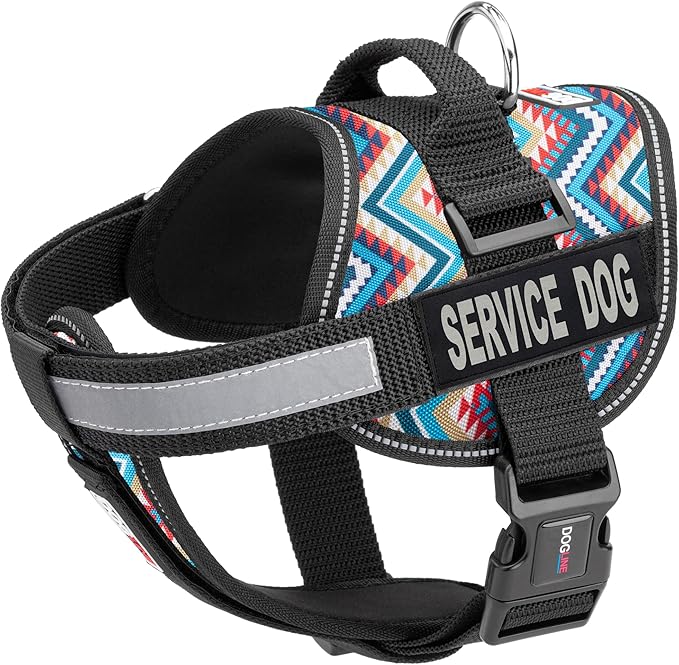 Dogline Unimax Dog Harness Vest with Service Dog Patches Reflective No-Pull, Adjustable Straps, Breathable Neoprene for Medical, Service, Identification and Training Dogs Girth 15 to 19" Aztec