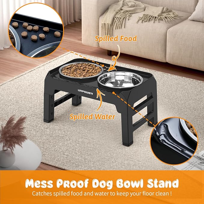 URPOWER 4 Height Adjustable Elevated Dog Bowls - 50oz Large Capacity Stainless Steel Bowls, No-Spill Edge, Non-Slip Stand for Small, Medium, Large Dogs & Pets