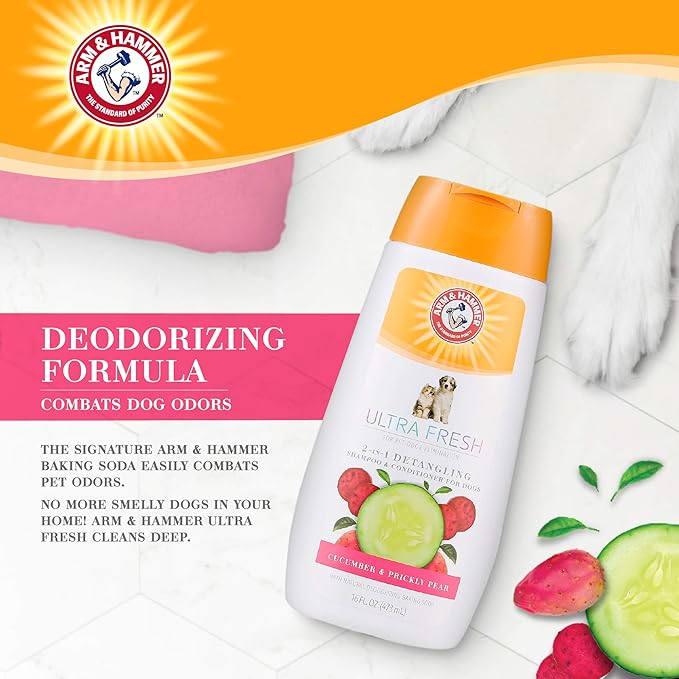 Arm & Hammer Ultra Fresh 2-in-1 Detangling Shampoo and Conditioner, Cucumber & Pear Scent - Dog Wash with Coconut Oil, Baking Soda for Odor Control, Pet Grooming Supplies, 16 Fl Oz
