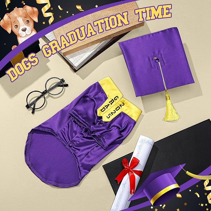 5 Pcs Dog Graduation Costume Set Include 2025 Pet Graduation Gown with Stole Puppy Grad Cap Lensless Glasses DIY Letter Stickers for Dogs Cats Holiday Costume Accessory(Purple Yellow,S)