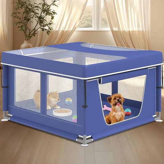 Dog Playpen 42 × 42 Inch, Puppy PlayPen with Gate for Puppies, Cat, Small and Medium Dogs, Pet PlayPen with Roof for Outdoors & Indoors, Thickened Fabric, Safe & Sturdy Dog Fence