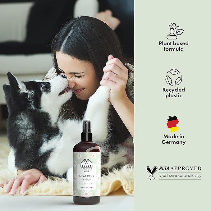 Belly Dog Cologne, 8.5 oz - Neat Dog Frangipani - Neutralize Strong Odors - Premium Scented Deodorizing Body Spray for Dogs - Made in Germany