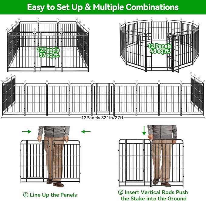 Dog Playpen Outdoor 12 Panels Heavy Duty Dog Fence 40" Height with Thick Pipe Anti-Rust with Doors Portable for RV Camping Yard, Total 32FT, 79 Sq.ft, Snowy Black