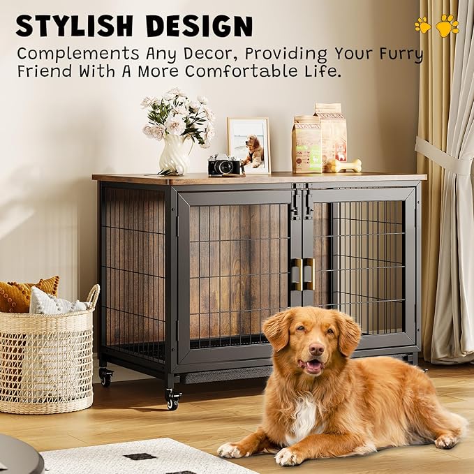 37.5 Inch Wooden Dog Crate with Wheels - Furniture Style Pet Kennel for Small to Medium Dogs Up to 66 Lbs - Multi-Purpose Removable Tray, Decorative Indoor Dog House, Sturdy & Stylish Design