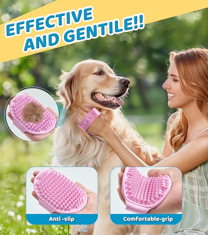 4PCS Dog Bath Brush Pet Shampoo Brush with Adjustable Ring Handle Soft Massage Dispenser Brush for Short Long Haired Dogs Cats Showering(Pink Pink Yellow)