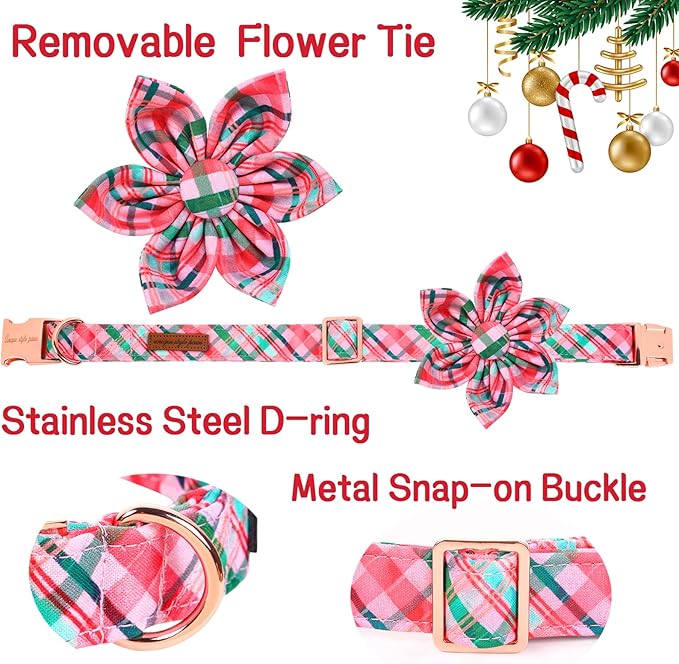 Unique style paws Dog Collar with Flower Pink & Green Plaid Dog Collar Best Gifts for Small Medium Large Dogs -XL
