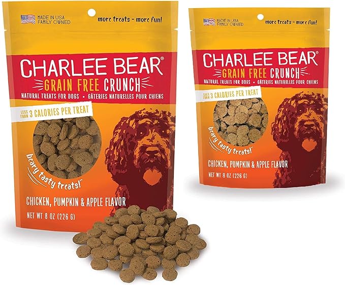 Charlee Bear Dog Treats Small Dogs Training Treats, Crunchy Low Calorie Grain Free Dog Treats, USA Made, Best for Small-Medium Breeds, Puppy Training Treats, Chicken, Pumpkin, Apple, 2 Pack, 8oz Each