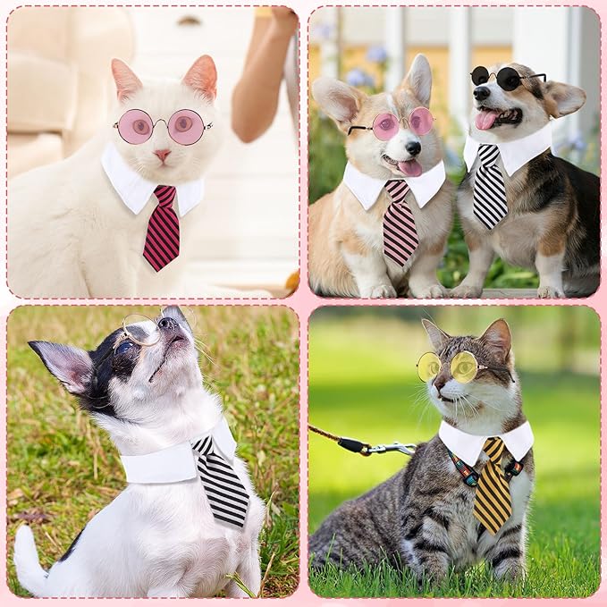 Weewooday 8 Pcs Pet Dog Cat Costume Cat Tie Collar Glasses for Small Dog Round Metal Retro Sunglasses Tie Pet Costume Tuxedo Necktie Collar Puppy Accessories Halloween Cosplay Party (Bright Colors)