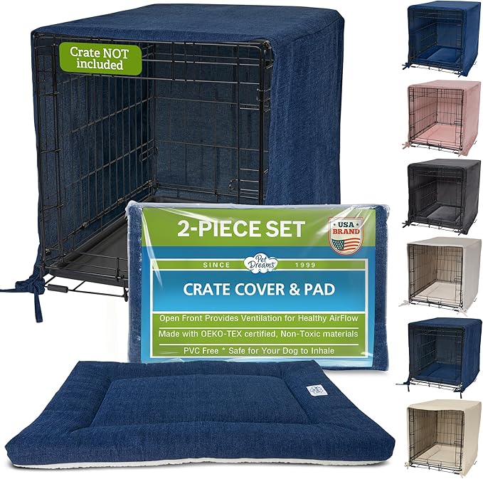 Pet Dreams Dog Crate Cover & Mat- Breathable Non-Toxic Kennel Topper for Single-Door Crates, Fits iCrate Dog Cages 18, 24, 30, 36, 42, 48 Inches (Denim, Medium, 30“)