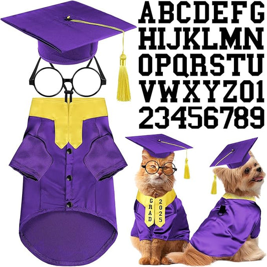 5 Pcs Dog Graduation Costume Set Include 2025 Pet Graduation Gown with Stole Puppy Grad Cap Lensless Glasses DIY Letter Stickers for Dogs Cats Holiday Costume Accessory(Purple Yellow,S)