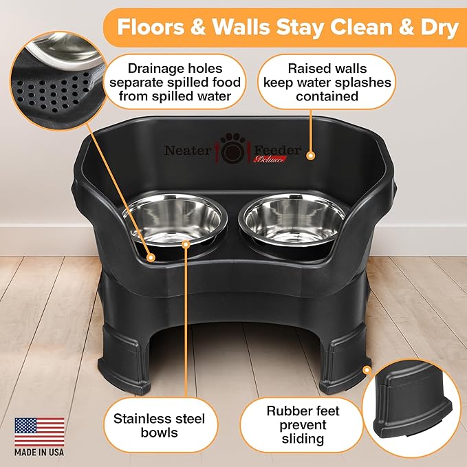 Neater Feeder Deluxe Mess Proof Dog Bowls Elevated Medium Sized Dogs (19-40 lbs) Made in USA, No Spill Raised Dog Food Bowl Stand w/Leg Extension, Stainless Steel Food and Water Bowl Set, Black