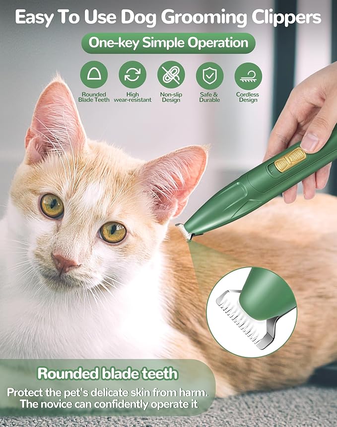 LEYOUFU Dog Clippers for Grooming, 2 Speed Low Noise Cordless Dog Paw Trimmer, Rechargeable Small Pet Hair Trimmer for Grooming, Cat Hair Clippers Shaver for Paws, Eyes, Ears, Face, Rump (Green)