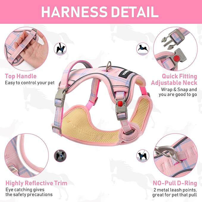 GAMUDA Dog Harness Collar and Leash Set, Dog Harness, No Chock No Pull Adjustable Vest Harnesses Plaid Reflective for Medium Dog, Cat, Small Horse, Small Bull and Pig (Pink, XS)