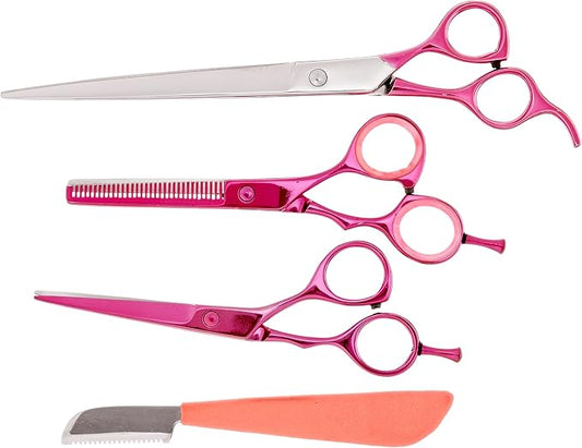 Genuine Japanese Stainless Steel Thinning Shears, Grooming Shears in 5.5-Inch and 7.5-Inch, Pink Coated, with Button Snap Leather Case