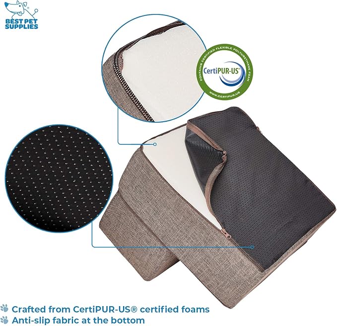 Best Pet Supplies Portable Foldable Foam Pet Stairs/Steps for Couch, Sofa, and High Bed, Non-Slip Bottom Balanced Paw Safe - Brown Linen, Foldable 2-Step (H: 12")