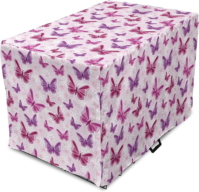 Ambesonne Purple Dog Crate Cover, Abstract Butterflies on Floral Background Feminine Romance Illustration, Easy to Use Pet Kennel Cover for Cats & Medium Dogs, 30 Inch, Maroon Purple Pale Pink
