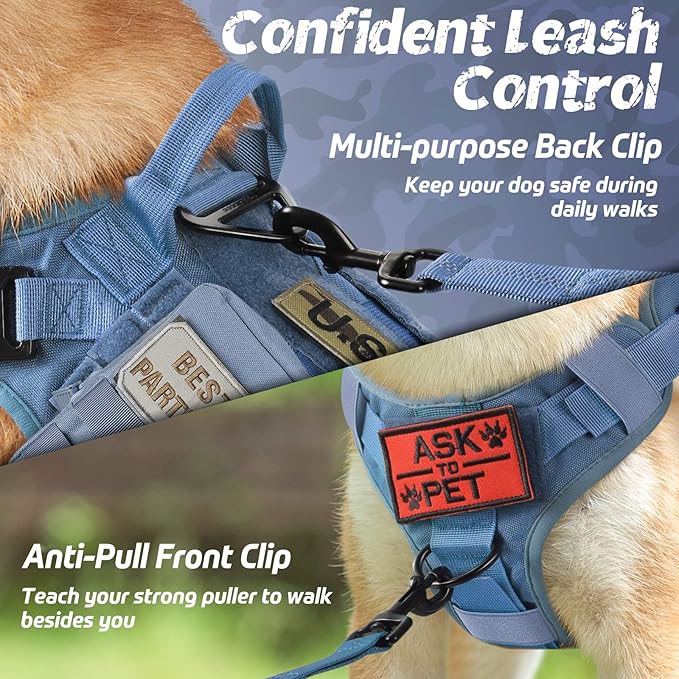 rabbitgoo Tactical Dog Harness for Large Dogs, Heavy Duty Dog Harness with Handle, No-Pull Service Dog Vest Large Breed, Adjustable Military Dog Vest Harness for Training Hunting Walking, Blue, S