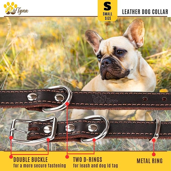 Heavy Duty Leather Dog Collar for Small Dogs - Soft and Strong Dog Collar for Puppy or Small Dogs (Small: Fit 10" - 14.5" Neck, Brown)