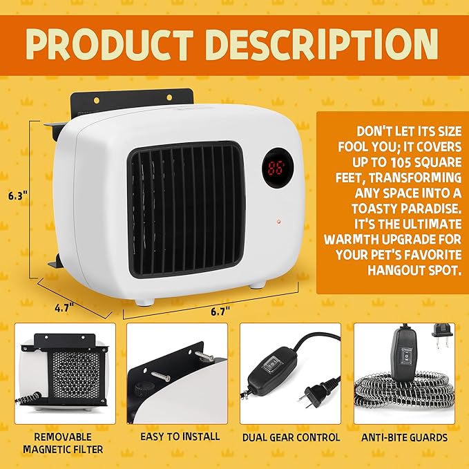 Pet House Heater with Thermostat - 2 Heating Modes (200/400W), 6FT Anti Chew Cord, Overheat Protection - Ideal for Dog Houses, Chicken Coops, Rabbits - Cover Up To 105sft