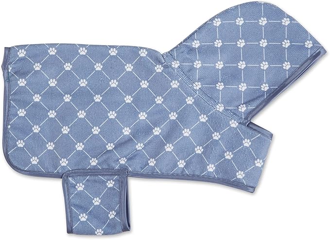 Bone Dry Pet Robe Collection, Trellis Paw Print, Absorbent Microfiber Bath Robe with Adjustable Closure for Dogs & Cats, X-Small, Stonewash Blue