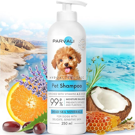 Natural Dead Sea Hypoallergenic Pet Shampoo (250 ml, 8.45 fl oz). for Puppies, Kittens or Seniors with Allergies or Sensitive, Delicate Skin. Minerals Rich, Extra-Scented Formula. Enjoy!