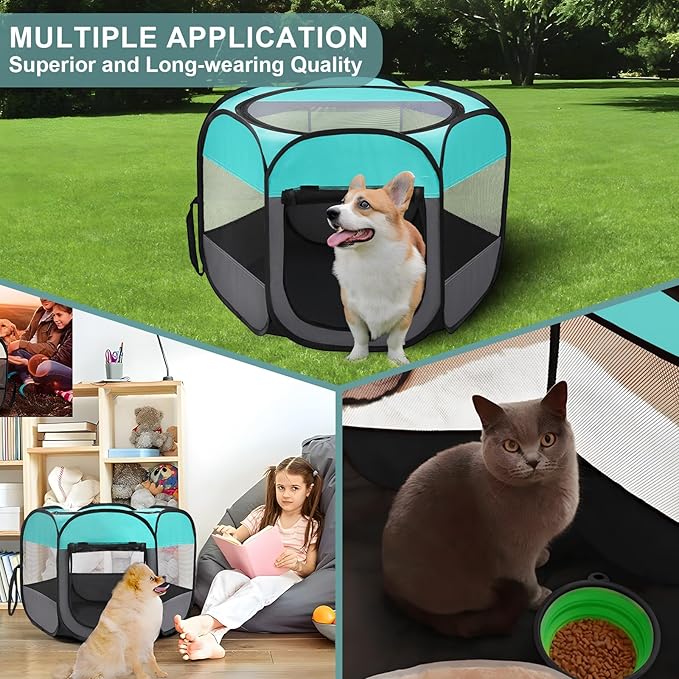 Pet Puppy Playpen for Cat Dog Indoor Outdoor, Foldable Portable Tent, Pop Up Dog Kitten Kennel Playpen with Carrying Case and Bowl,Green,Small