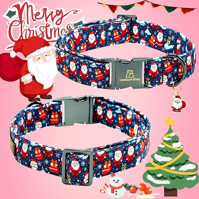 Lionheart glory Christmas Dog Collar Santa Print Collars Soft Durable Adjustable Dog Collars for Large Dogs Pet Gift Female or Male Dog Collar Fall Holiday Collar Dog