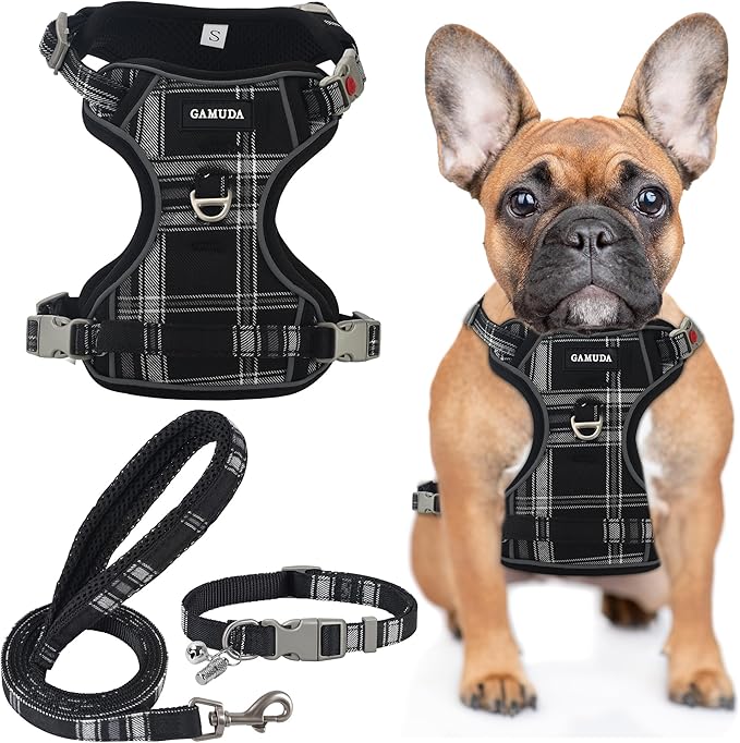 GAMUDA Dog Harness Collar and Leash Set, Horse Care Sheets, No Chock No Pull Adjustable Vest Harnesses Plaid Reflective for Medium Dog, Cat, Small Horse, Small Bull and Pig (Black, XS)
