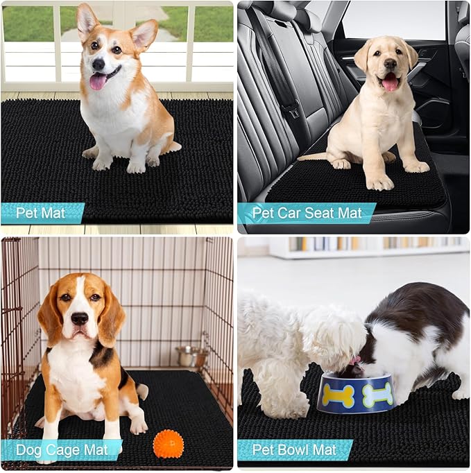 OLANLY Dog Door Mat for Muddy Paws 24x16, Absorbs Moisture and Dirt, Absorbent Non-Slip Washable Mat, Quick Dry Chenille, Mud Mat for Dogs, Entry Indoor Door Mat for Inside Floor, Black