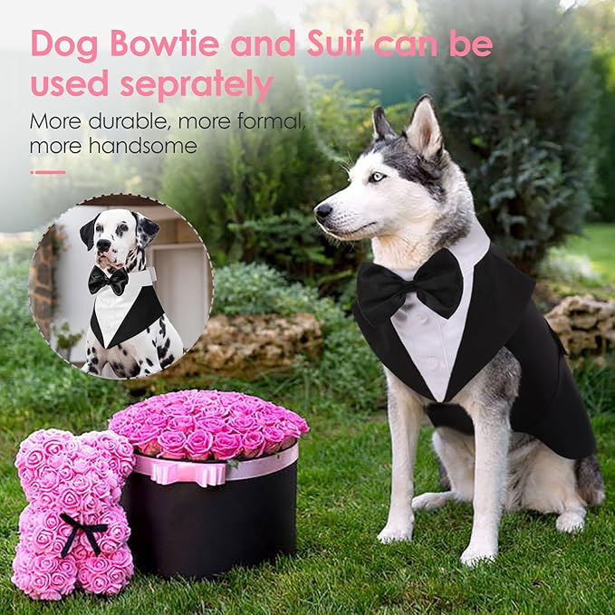 AOFITEE Dog Tuxedo Formal Dog Suit and Bandana Set, Gentle Dogs Wedding Party Suit Bow Tie Shirt, Tuxedo for Medium Dogs Costume Outfit with Detachable Bowtie Collar for Christmas Halloween Dress Up