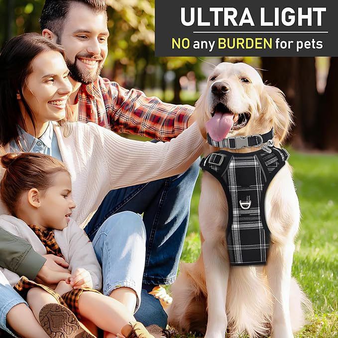 GAMUDA Dog Harness Collar and Leash Set, Horse Care Sheets, No Chock No Pull Adjustable Vest Harnesses Plaid Reflective for Medium Dog, Cat, Small Horse, Small Bull and Pig (Black, XL)