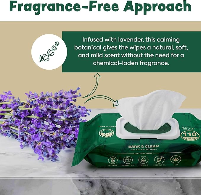 Bamboo Dog Wipes for Cleaning & Deodorizing - 8.5" x 9" 110 Compostable Hypoallergenic Pet Wipes for Dogs - Paws, Butt & Body - Puppy Face, Ear & Eye Cloths - Pet Supplies