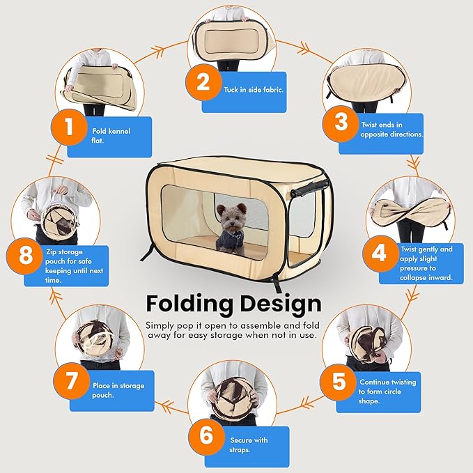 Beatrice Home Fashions Portable, Collapsible, Pop Up Kennel Travel Cat and Dog Crate, 24" L x 16.6" W x 16" H, Beige