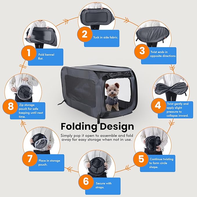 Beatrice Home Fashions Portable, Collapsible, Pop Up Kennel Travel Cat and Dog Crate, 24" L x 16.6" W x 16" H, Black