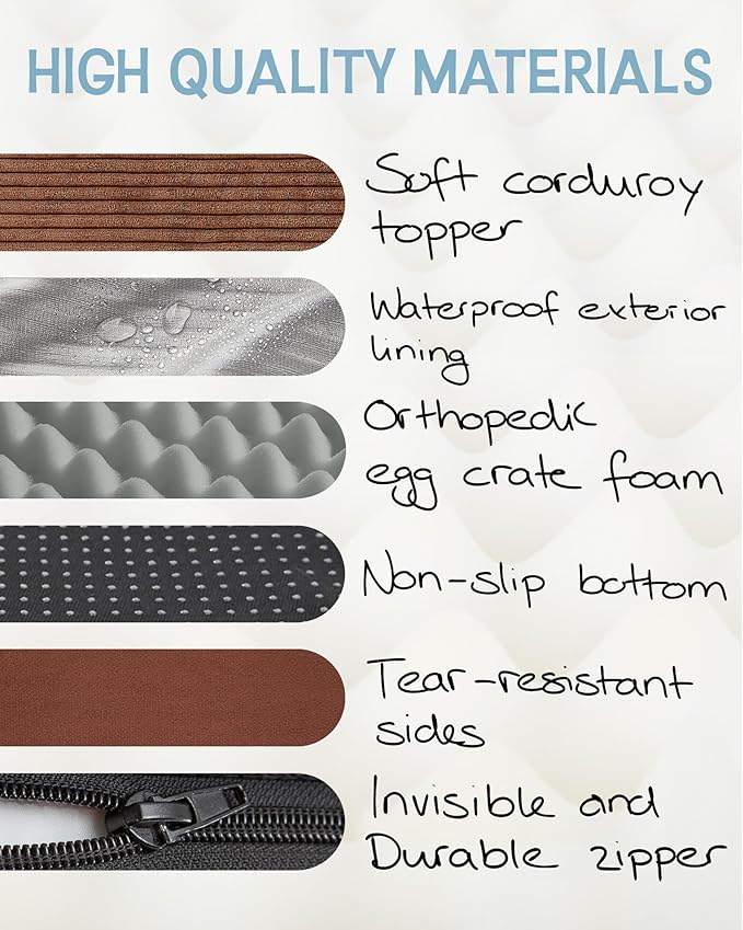 OhGeni 35 Inch Orthopedic Waterproof & Machine Washable Dog Bed with Egg Crate Foam Support, Non-Slip Bottom and Removable Pet Bed Cover for Extra Large, Large, Medium, Small Dogs (Brown)