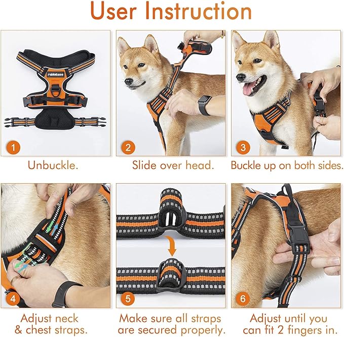 rabbitgoo Dog Harness, No-Pull Pet Harness with 2 Leash Clips, Adjustable Soft Padded Dog Vest, Reflective No-Choke Pet Oxford Vest with Easy Control Handle for Small Dogs,Orange,S