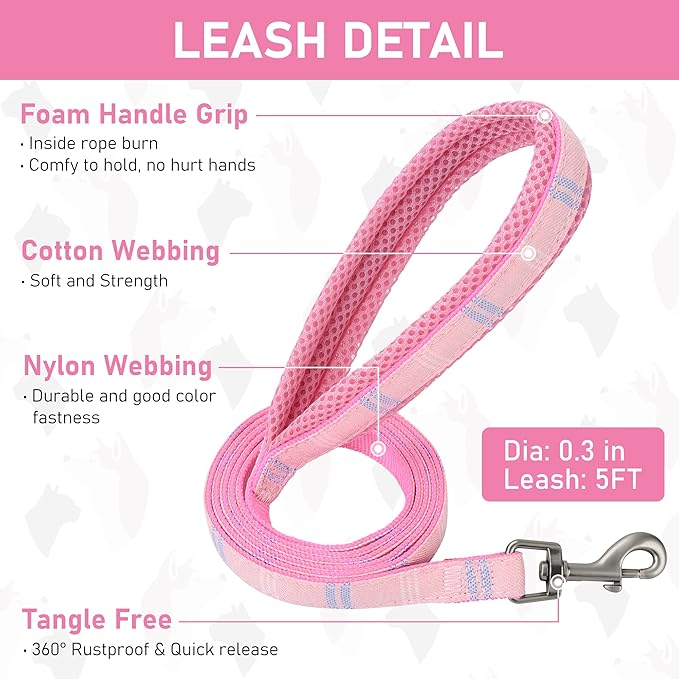 GAMUDA Dog Harness Collar and Leash Set, Dog Harness, No Chock No Pull Adjustable Vest Harnesses Plaid Reflective for Medium Dog, Cat, Small Horse, Small Bull and Pig (Pink, L)