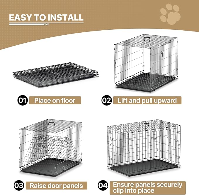 MoNiBloom 24/30/36/42/48 Dog Crates, Foldable Metal Wire Dog Cage with Double-Door, Outdoor Indoor Pet Kennels, Includes Leak-Proof Pan, Divider Panel, Black, 42"