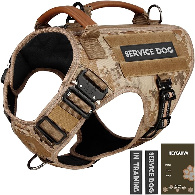 Service Dog Vest - HEYCAHVA Tactical Dog Harness Full Metal Buckles Dog Vest for Large Medium Dog Reflective No Pull Dog Harness with Leather Handle, Hook & Loop for Hiking Training (Desert Camo, XL)