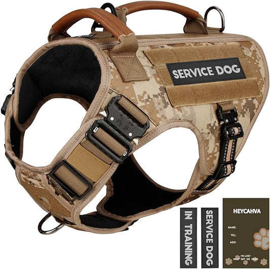 Service Dog Vest - HEYCAHVA Tactical Dog Harness Full Metal Buckles Dog Vest for Large Medium Dog Reflective No Pull Dog Harness with Leather Handle, Hook & Loop for Hiking Training (Desert Camo, XL)