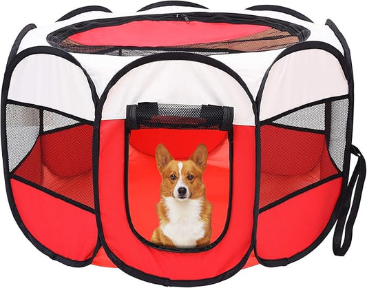 Mile High Life | Foldable Dog Playpen | Portable Dog Crate w Removable Shade Cover | Dog Kennel Indoor/Outdoor w Carry Case | Pen Tent for Dog/Cat/Rabbit(Red, Large (45"x45"x23"))